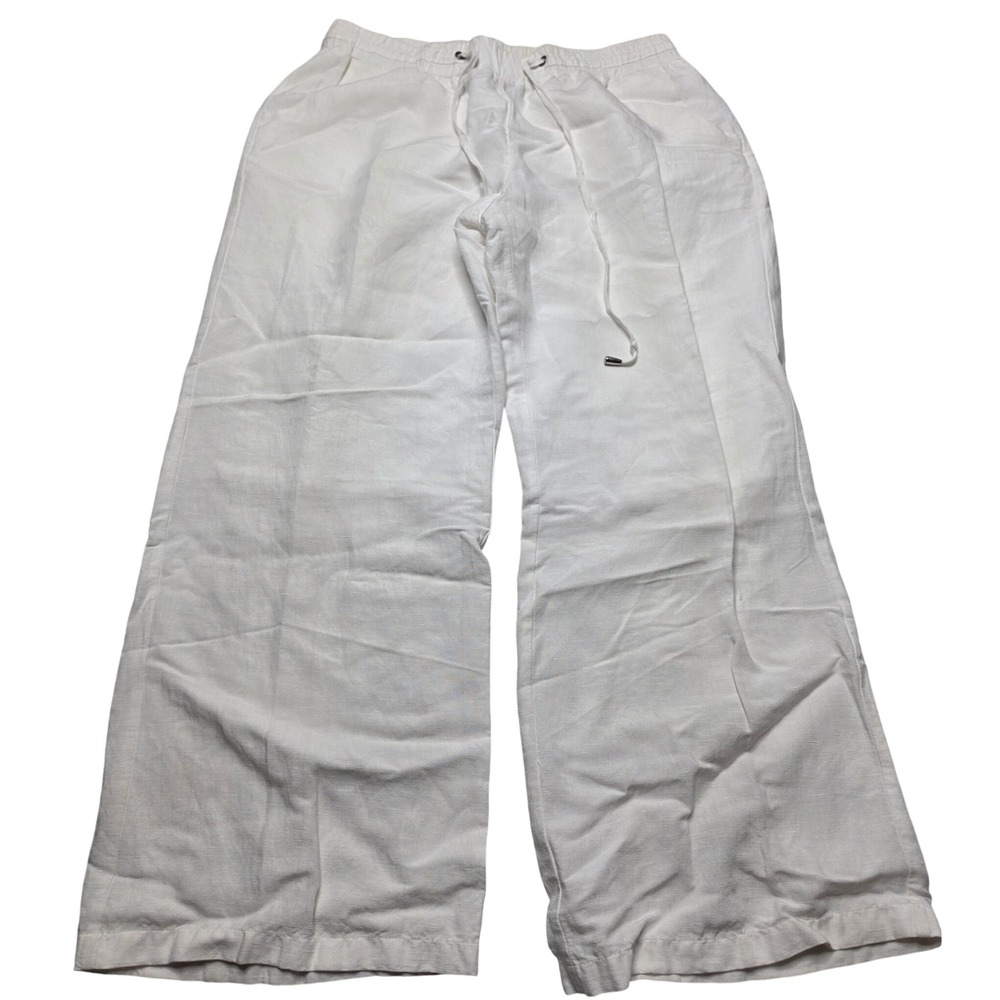 NY Collection White Linen Blend Wide Leg Drawstring Pants L Lined Summer Pants